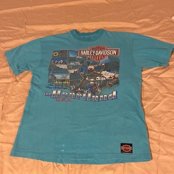 Men’s vintage 1990 Harley Davidson heartland USA turquoise T-shirt in size Small - Picture 1 of 5